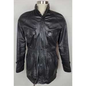 Vtg Florsheim Designer‎ Collection Mens Black Leather Jacket w. Hidden Hood 40